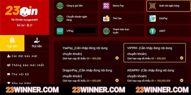 Hướng dẫn khách hàng nạp tiền 23Win qua ngân hàng